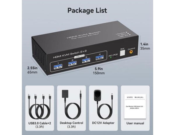HDMI+Displayport KVM Switch 2 Monitors 2 Computers 4K@60Hz KVM Switcher. #5V0174