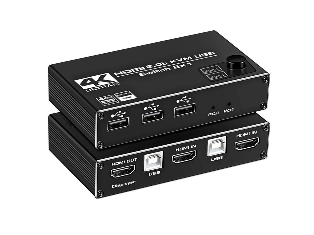 HDMI KVM Switch, 4K@60Hz USB Switch 2x1 HDMI2.0 Ports + 3X USB KVM Ports, Share #1906